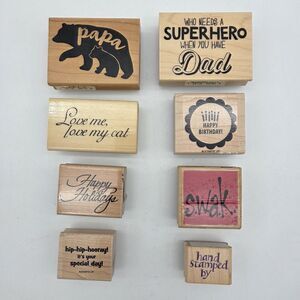 Lot of 8 Wood Mounted Rubber Stamps Stampin Up Inkadinkado Father's Day Cat